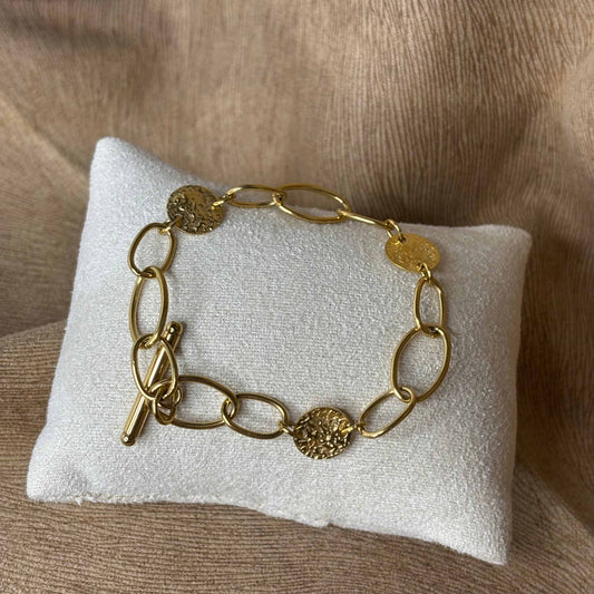 Bracelet doré | Anneaux dorés et médaillon or | Fermoir par barre