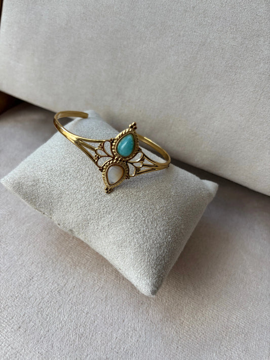 Bracelet doré | Bracelet rigide ouvert |Acier inoxydable | 2 pierres blanche et turquoise