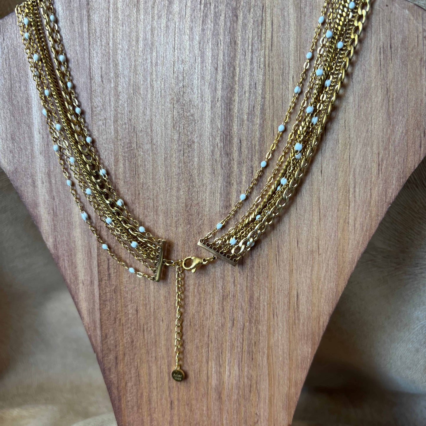 Collier multirangs |Chaine à mailles | boules céramiques blanches |Acier inoxydable