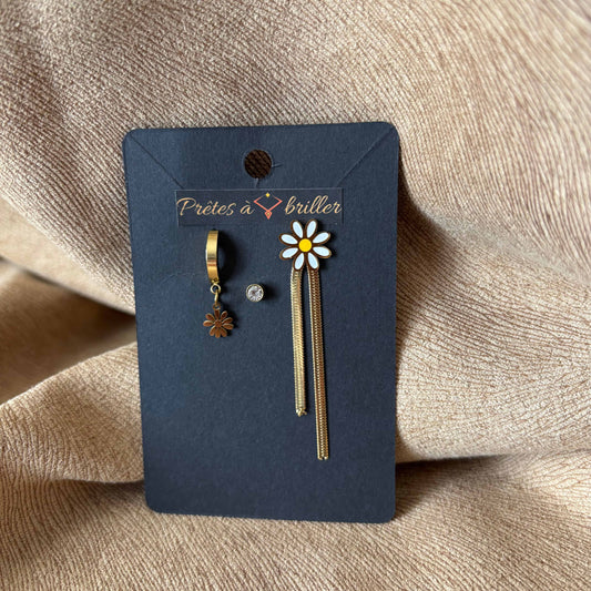 Boucles d'oreilles dorées pendentif asymétrique | Une mini créole avec une fleur dorée un brillant une fleur avec pendentif doré