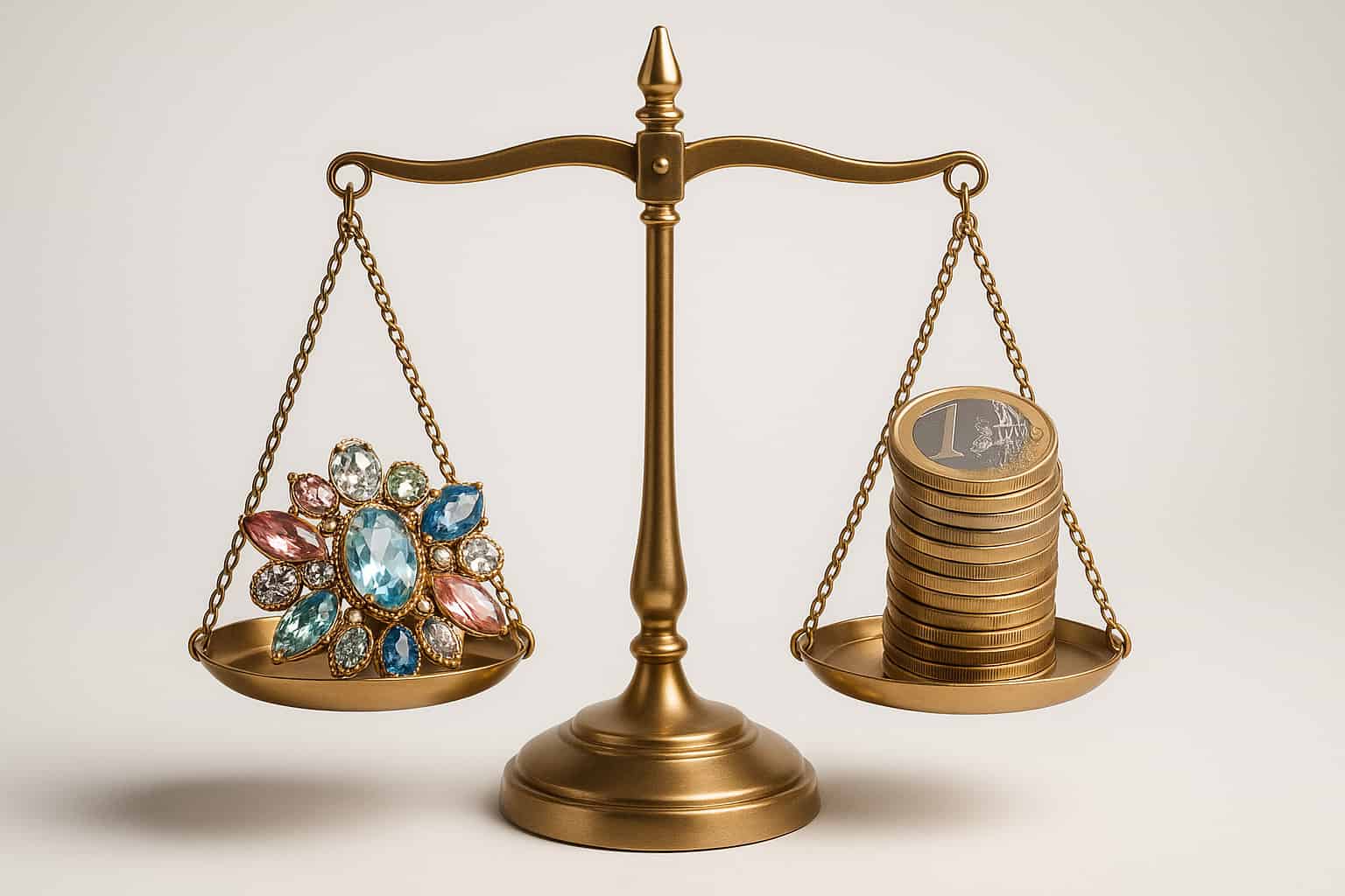 Une balance avec d'un côté des bijoux et de l'autre de l'argent Image