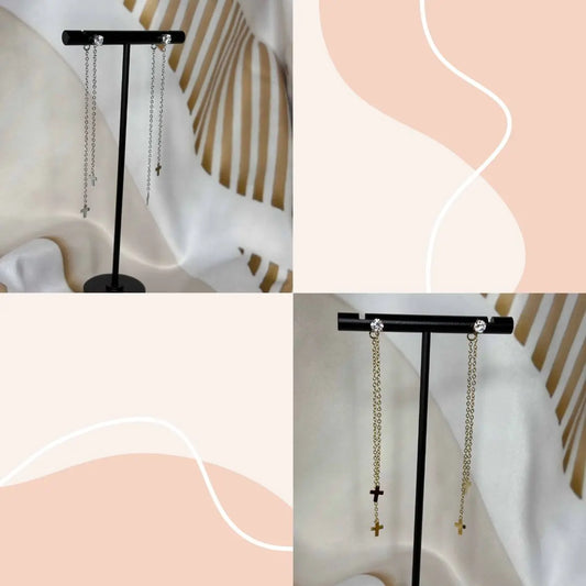 Boucles d'oreilles | Petite croix sur base brillants | or ou argent | Acier inoxydable