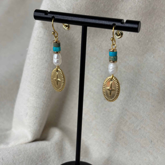 Boucles d'oreilles attache dorée avec breloque ovale rose des vents et perles bleues et blanches vendu sur le site internet prêtes à briller