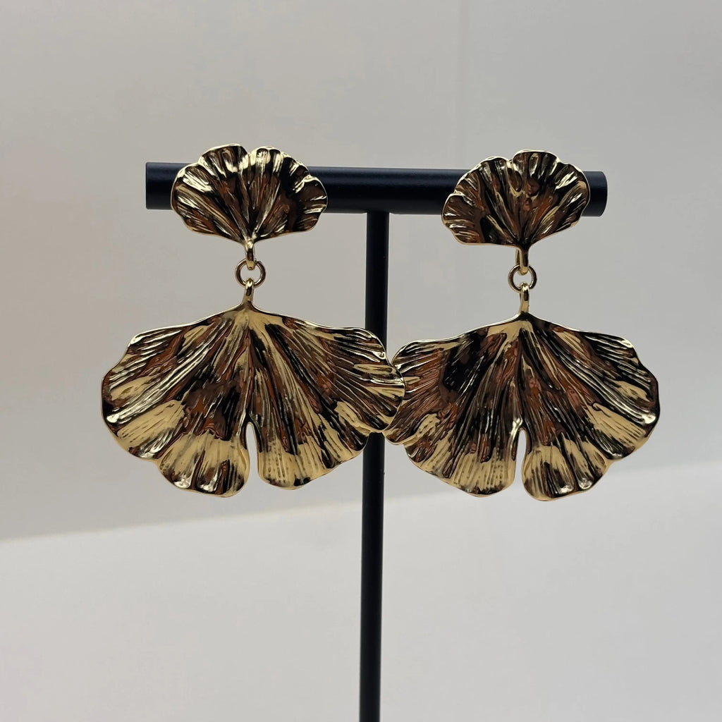 Boucles d'oreilles pendentif avec motif de feuille or en acier inoxydable