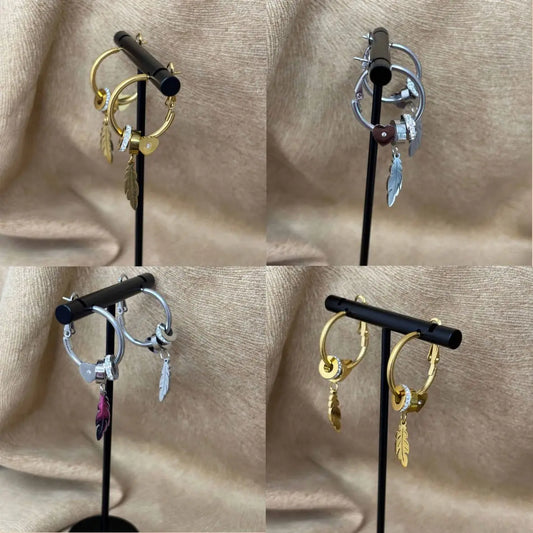 Boucles d'oreilles créoles |Motif plume et strass or ou argent | Acier inoxydable