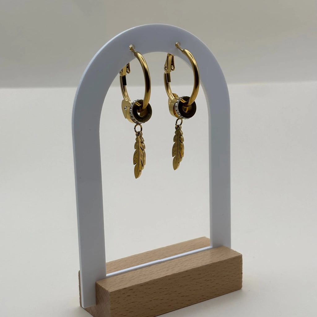 Boucles d'oreilles créoles dorées avec motif plume et strass argent en acier inoxydable 