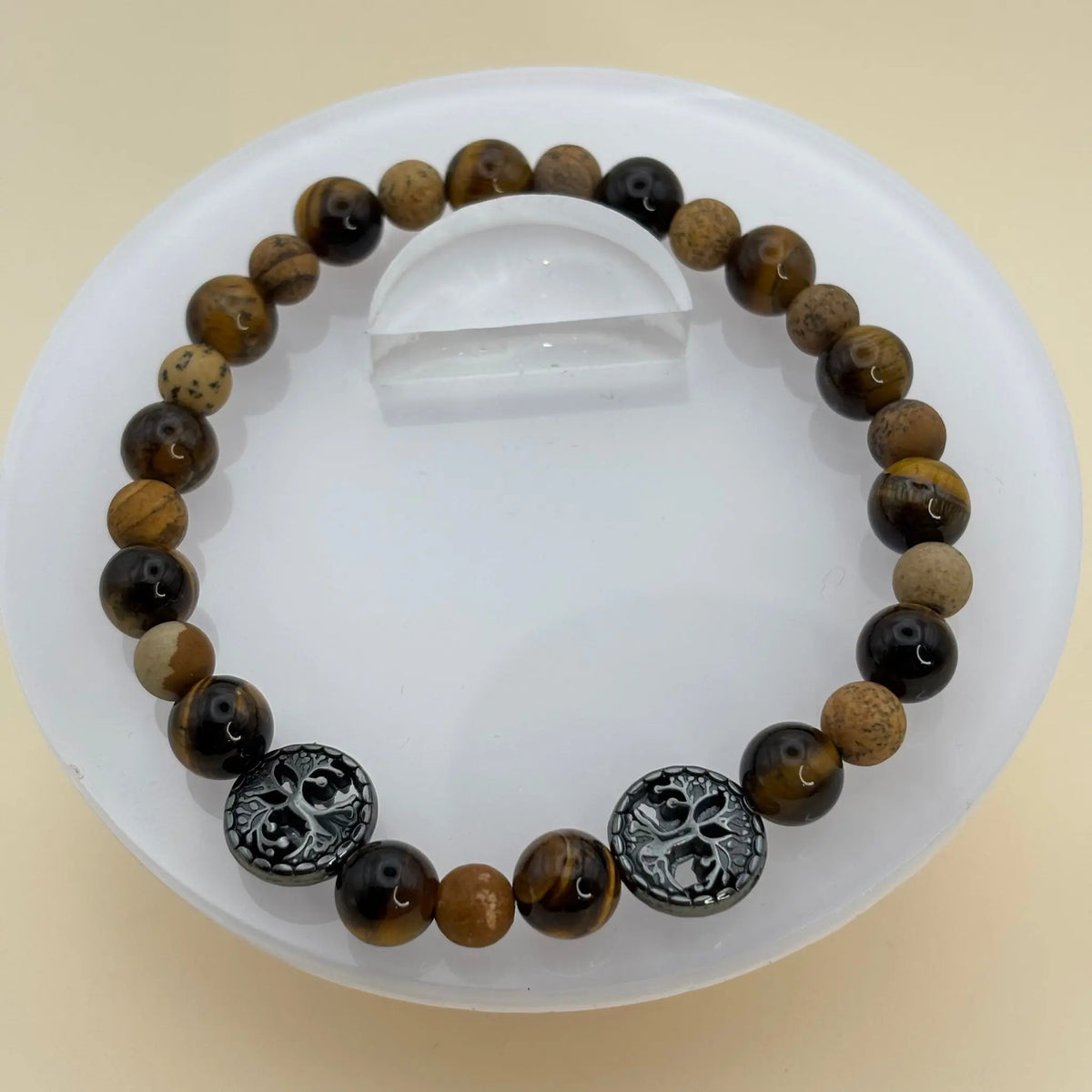 Bracelet artisanal en perles pour homme sur élastique avec des perles oeil de tigre et jaspe