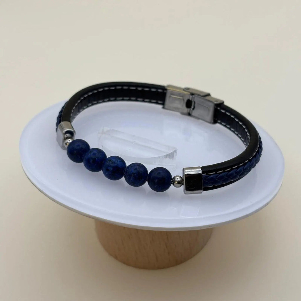 Bracelet homme avec un bracelet noir en simili cuir avec cinq perles bleues 