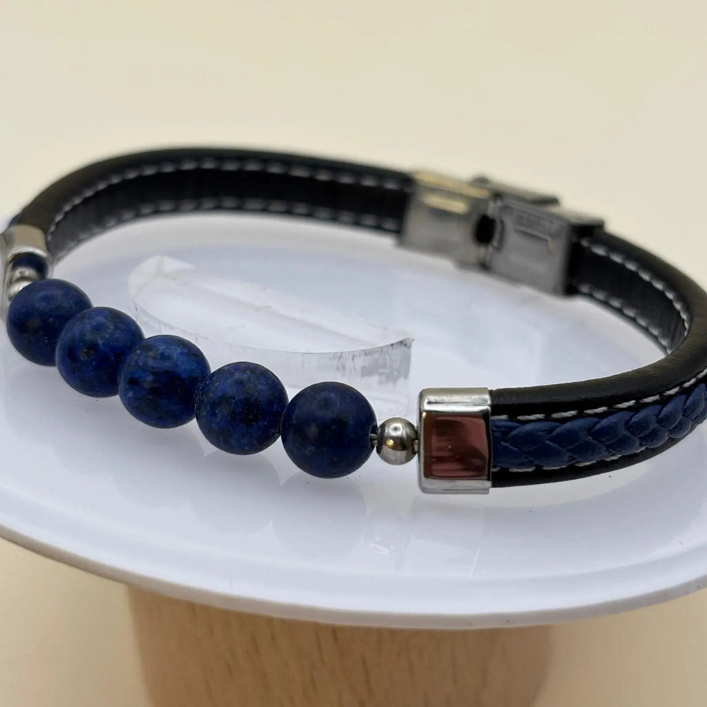 Bracelet pour homme avec un bracelet noir en simili cuir avec cinq perles bleues 