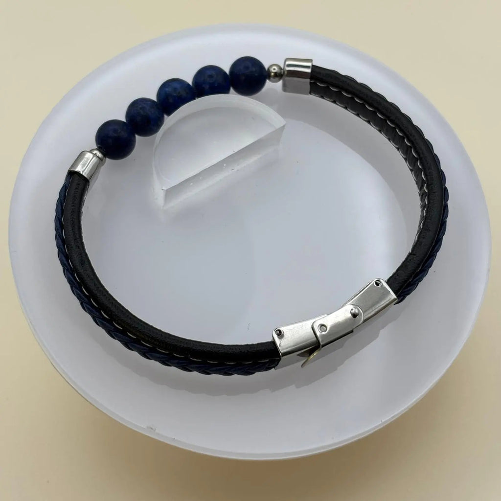 Bracelet pour homme avec bracelet bleu en simili cuir avec cinq perles bleues 