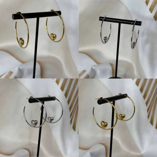 Boucles d'oreilles créoles |Motif en cœur or ou argent | Acier inoxydable
