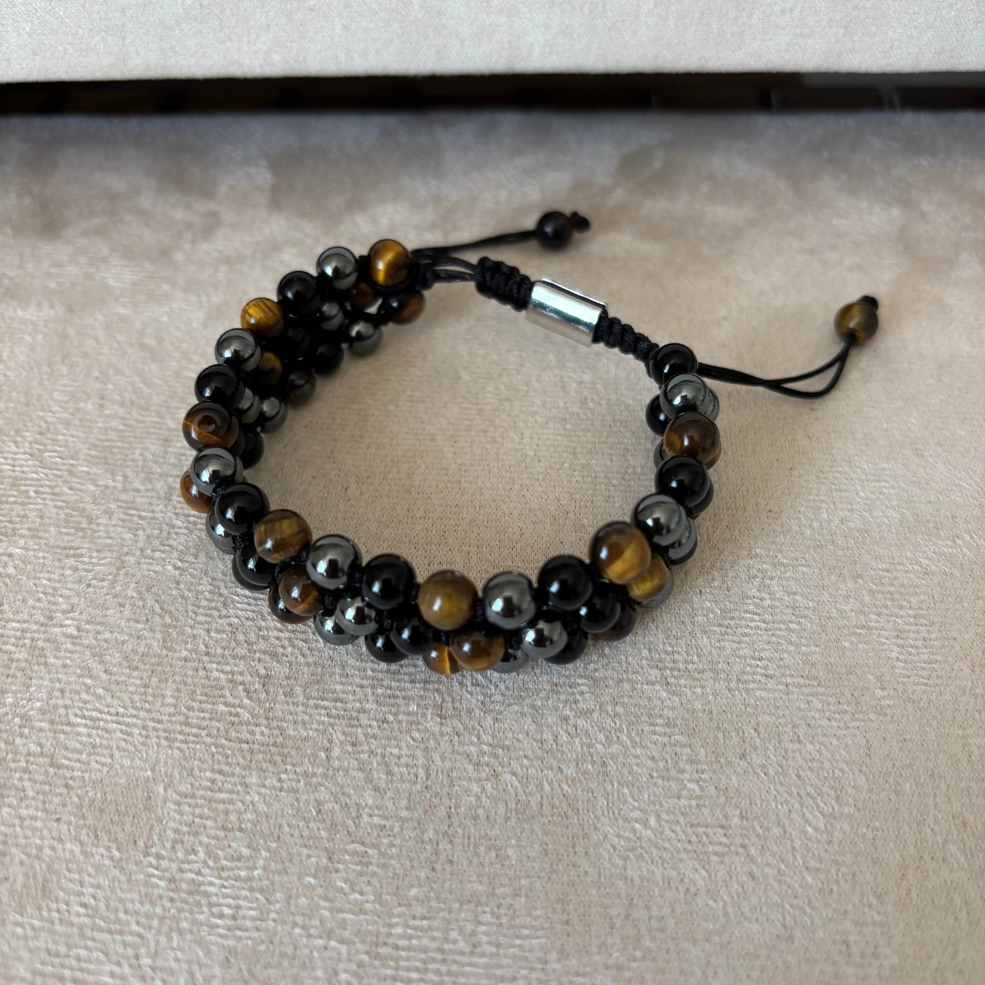 Bracelet homme | Double rang |Perles œil de tigre hématite et obsidienne noire | Sur lien réglable noir