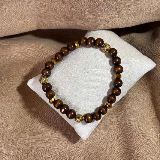 Bracelet en perles artisanal | Bracelet avec perles ethniques dorées |Perles en bois sur élastique