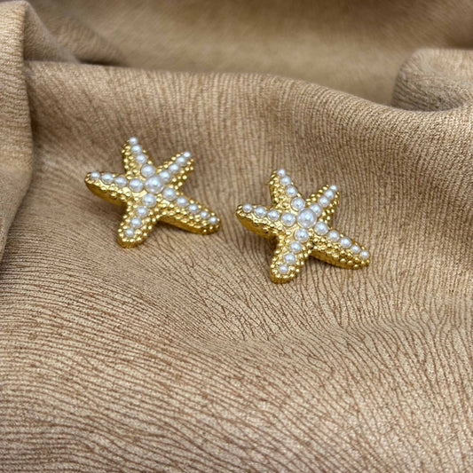 Boucles d'oreilles dorées| Motif étoile de mer avec strass |Acier inoxydable