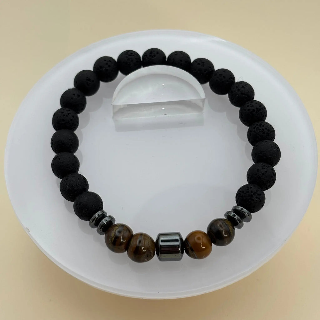 Bracelet artisanal en perles pour homme sur élastique avec des perles de lave, oeil de tigre et hématite