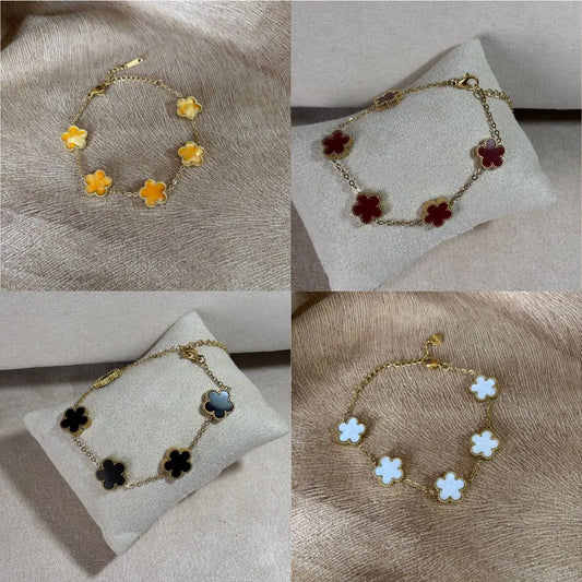 Bracelet doré | Motif trèfle | Fleurs colorées| Acier inoxydable
