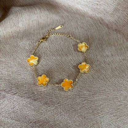 Bracelet doré | Motif trèfle | Fleurs jaunes | Acier inoxydable