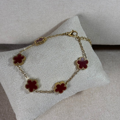 Bracelet doré | Motif trèfle | Fleurs rouges | Acier inoxydable
