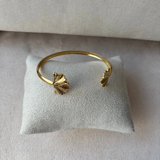 Bracelet doré |Bracelet rigide ouvert |Motif feuille |Acier inoxydable| Diamètre 15 cm
